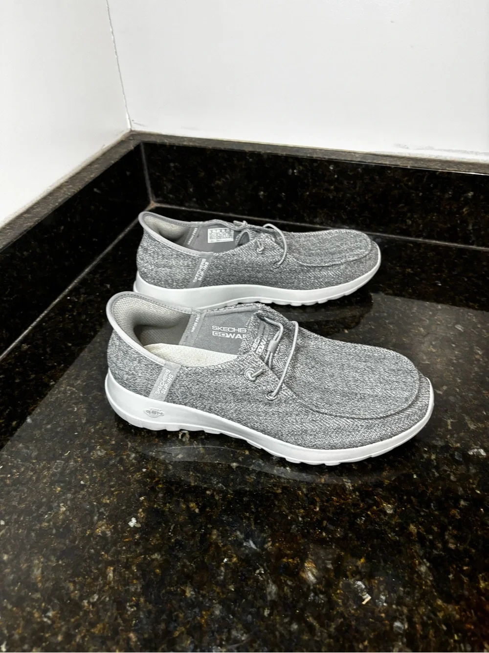 SKECHERS GOWALK Slip Ins Women’s Sparkly Gray Casual Sneakers